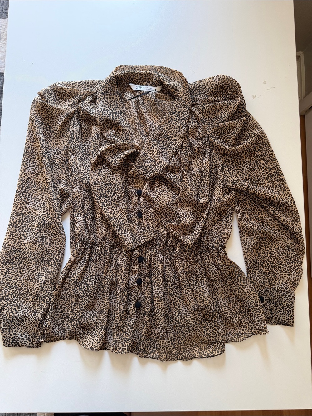 Zara Leopard-Print Ruffle Front Blouse in Brown and Black